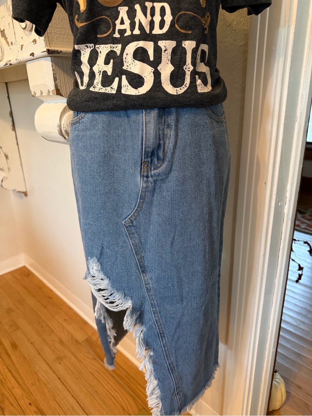 POL Light Blue Denim Asymmetrical Frayed Midi Skirt